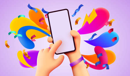Holding phone in two hands. Phone mockup. Color explosion. Touching screen with finger.のイラスト素材