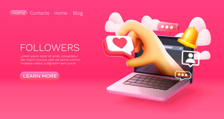 Landing page laptop followers, website banner message. Vectorのイラスト素材