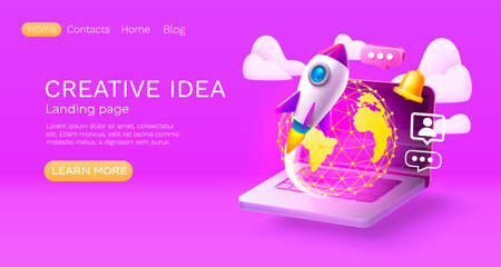 Landing page laptop creative idea, website banner message. Vectorのイラスト素材