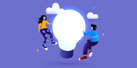 People fly around lightbulb idea. Innovation, Brainstorming and Creativity concept.