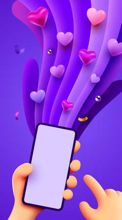Cute cartoon hand holding mobile smartphone with Likes notification icons. Social media and marketing concept.のイラスト素材