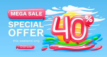 Mega sale special offer, Stage podium percent 40, Simmer time lifestyle, happy banner travel. Vectorのイラスト素材