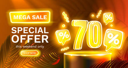 Mega sale special offer, Neon 70 off sale banner. Sign board promotion. Vectorのイラスト素材