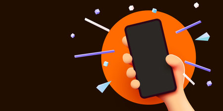 Cute cartoon hand holding mobile smart phone. Modern mockup.