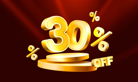 30 Off. Discount creative composition. 3d sale symbol with decorative objects, golden confetti, podium and gift box. Sale banner and poster. Vectorのイラスト素材