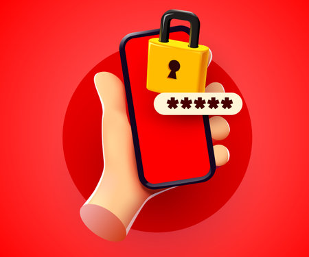 Cute cartoon hand holding mobile smartphone with padlock. Data protection and privacy concept.のイラスト素材