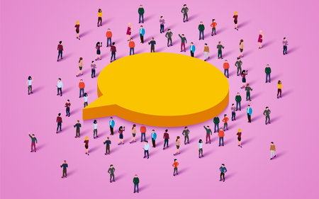 Large group of people standing around chat bubble symbol.のイラスト素材