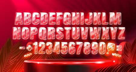 Neon font color red, glowing letter retro font, futuristic alphabet. Vectorのイラスト素材