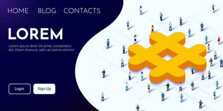 Big people crowd gathering around hashtag symbol social media and community concept.のイラスト素材