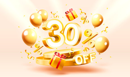 30 Off. Discount creative composition. 3d sale symbol with decorative objects, golden confetti, podium and gift box. Sale banner and poster. Vectorのイラスト素材