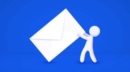 3d white cartoon man holding big envelope. Mailing list concept. Isolated blue background.のイラスト素材