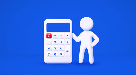 3d white cartoon man holding big calculator. Accounting concept. Isolated blue background.のイラスト素材