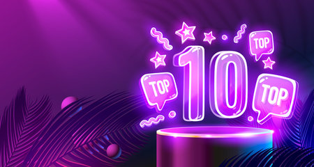 Top 10 neon podium, award best banner. Vectorのイラスト素材