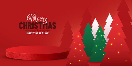 Mock up scene. Podium for cosmetic and product display. Stage pedestal or platform. Winter Christmas red background with xmas tree.のイラスト素材