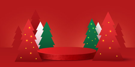 Mock up scene. Podium for cosmetic and product display. Stage pedestal or platform. Winter Christmas red background with xmas tree.のイラスト素材