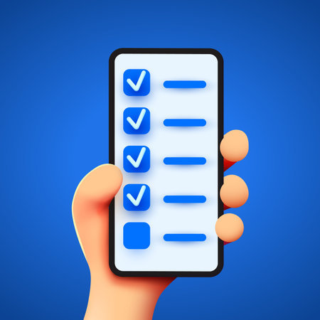 Cute cartoon hand holding mobile smartphone with checklist. Feedback concept.のイラスト素材