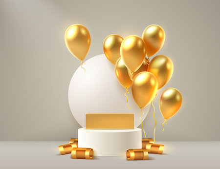balloon golden podium present, celebrate happy birthday, gold platform banner. Vectorのイラスト素材