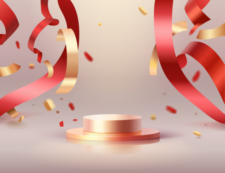 Abstract scene background. Cylinder podium background with confetti and ribbons. Product presentation, mock up, show cosmetic product, Podium, stage pedestal or platform. Vectorのイラスト素材