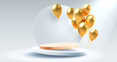 balloon golden podium present, celebrate happy birthday, gold platform banner. Vectorのイラスト素材