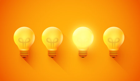 Glowing Light Bulb between the others on yellow light background. Leadership, innovation, great idea and individuality concepts.のイラスト素材