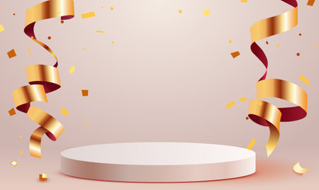 Abstract scene background. Cylinder podium background with confetti and ribbons. Product presentation, mock up, show cosmetic product, Podium, stage pedestal or platform.のイラスト素材