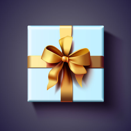Present box top with golden bow and ribbons. View from above.のイラスト素材