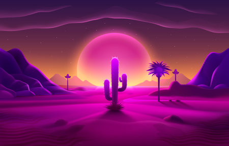 Retro wave Desert neon cover with oasis and palm trees. Nature background. Vectorのイラスト素材