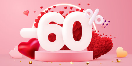 60 percent Off. Discount creative composition. 3d sale symbol with decorative objects. Valentines day promo. Sale banner and poster.のイラスト素材