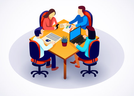 Teamwork website banner template. Business team working with data. Group of office colleagues discussing data around table. Isometricのイラスト素材