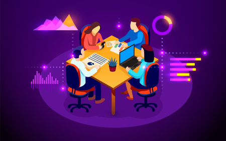 Teamwork website banner template. Business team working with data. Group of office colleagues discussing data around table. Isometricのイラスト素材