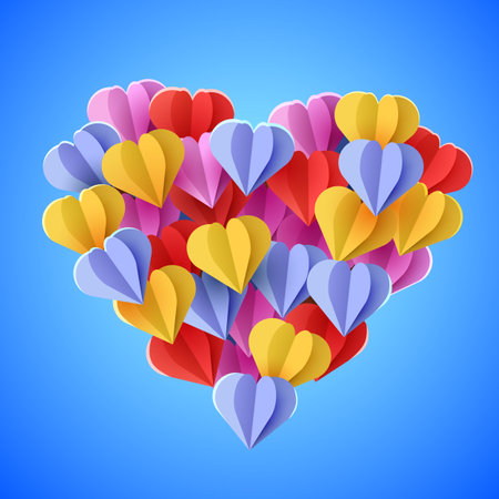Valentines heart made from many colorful paper hearts. The concept of love and valentines day.のイラスト素材