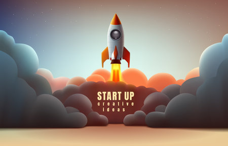 Rocket space startup, creative idea cover, landing page web site, Vectorのイラスト素材