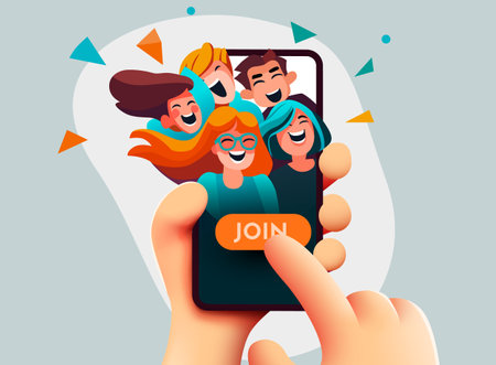 Cute hand holding smartphone with many happy faces. The concept of friendship and social networks.