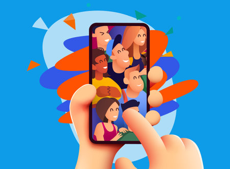 Cute hand holding smartphone with many happy faces. The concept of friendship and social networks.のイラスト素材
