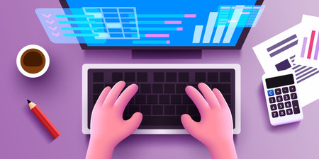 Cute 3d Human hands work on a computer keyboard. Financial business analytic and accounting concept. View from above.のイラスト素材