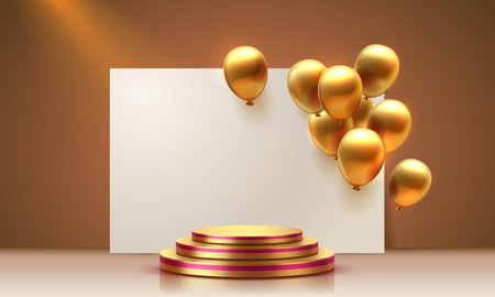 balloon golden podium present, celebrate happy birthday, gold platform banner. Vectorのイラスト素材
