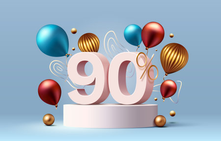 Mega sale special offer, Stage podium percent 90, Stage Podium golden balloon, Decor element background. Vectorのイラスト素材