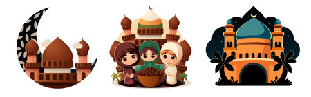 Happy Ramadan Kareem. Vector illustration of mosque, crescent, women for greeting card.のイラスト素材