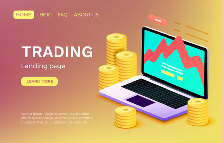 Landing page laptop trading, website banner message. Vectorのイラスト素材
