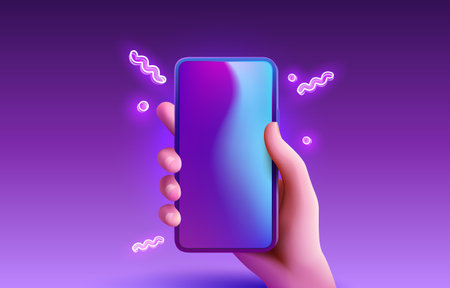Smart phone screen neon, hand hold gadget electronic. Vectorのイラスト素材