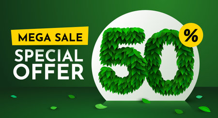 50 percent Off. Discount creative composition. Sale brochure with font made from leaves. Sale banner and poster.のイラスト素材
