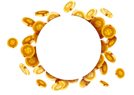 Empty circle frame with flying golden coins.のイラスト素材