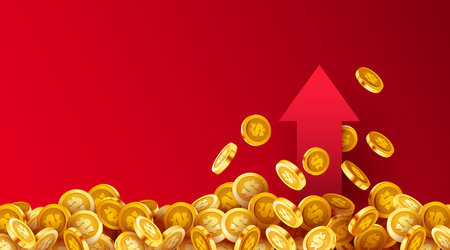 A large pile of golden coins with an upward growing arrow. Growing business concept.のイラスト素材
