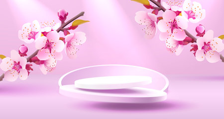 Podium romantic presentation, season banner beauty, sakura holiday event. Vectorのイラスト素材