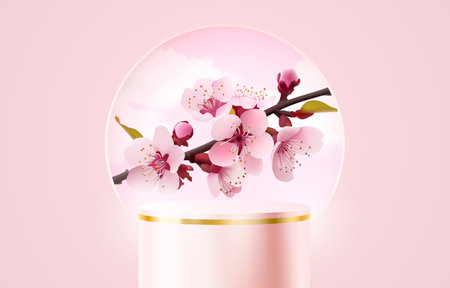 Podium romantic presentation, season banner beauty, sakura holiday event. Vectorのイラスト素材