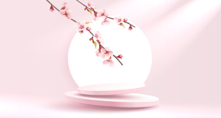 Podium romantic presentation, season banner beauty, sakura holiday event. Vectorのイラスト素材