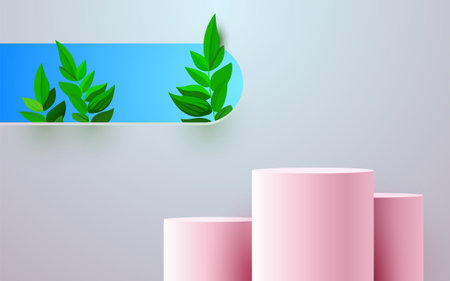 Abstract eco scene background. Cylinder podium with leaves. Product presentation, mock up, show natural cosmetic product. Podium, stage pedestal or platform.のイラスト素材