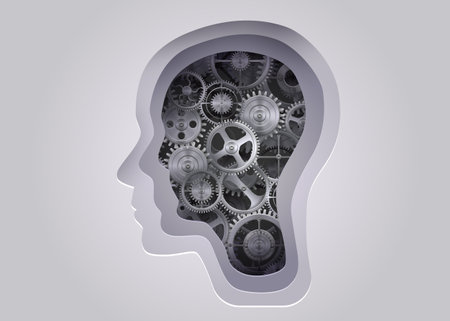 Silhouette of a human head with cogs. Concept of mental health and psychology.のイラスト素材