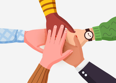Multiethnic hands are folded together. Friendship, unity and cooperation concept. Modern flat style. Isolated on white background.のイラスト素材