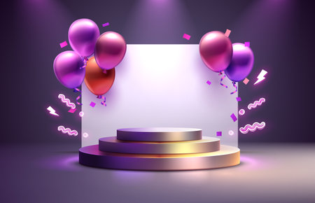 balloon podium present, celebrate happy birthday, gold platform banner. Vector illustrationのイラスト素材